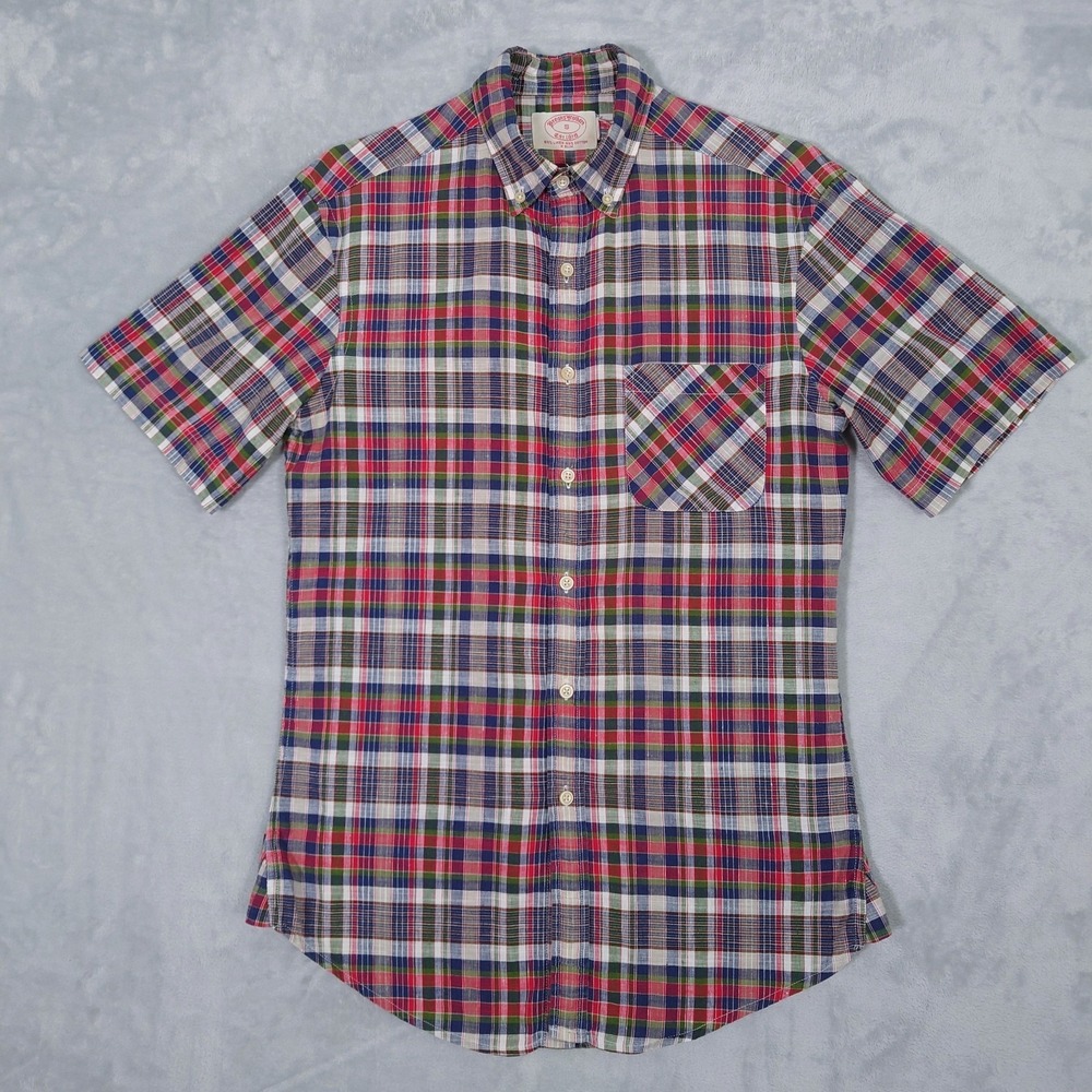 Brooks Brothers 1818 Linen Cotton Shirt Mens S Slim Plaid Short Sleeve Button Up